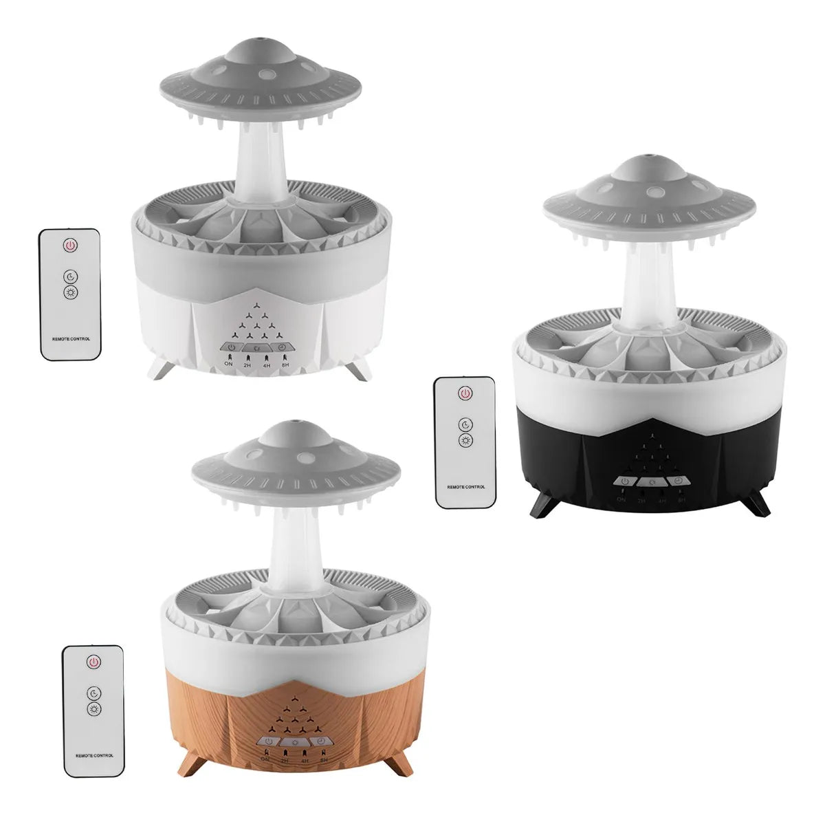 Raindrop Diffuser and Spaceship drop Humidifier in a modern minimalist room, releasing mist with soft ambient lighting.