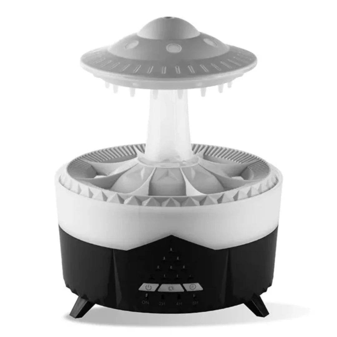 Raindrop Diffuser and Spaceship drop Humidifier in a modern minimalist room, releasing mist with soft ambient lighting.