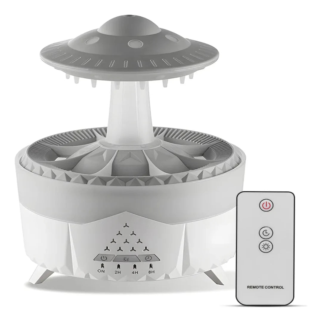 Raindrop Diffuser and Spaceship drop Humidifier in a modern minimalist room, releasing mist with soft ambient lighting.