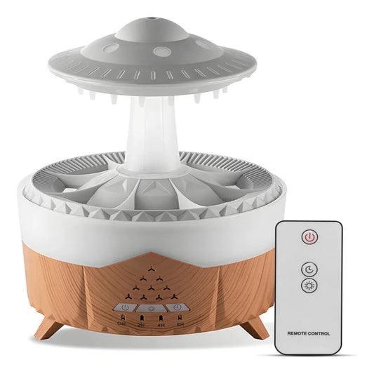 Raindrop Diffuser and Spaceship drop Humidifier in a modern minimalist room, releasing mist with soft ambient lighting.